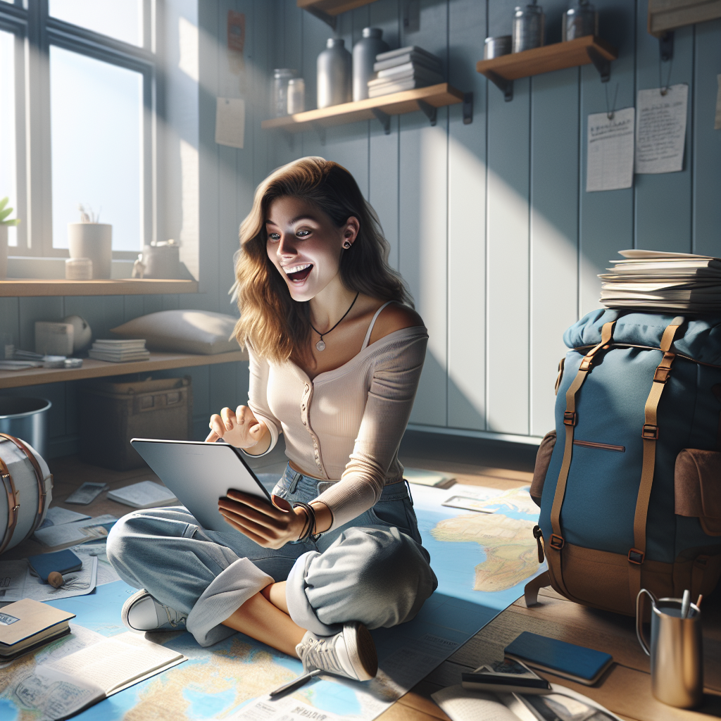 Ultimate Budget Travel Tips for Students A student traveler planning a budget-friendly trip using a budgeting app and maps, surrounded by travel essentials like a backpack and notebook.