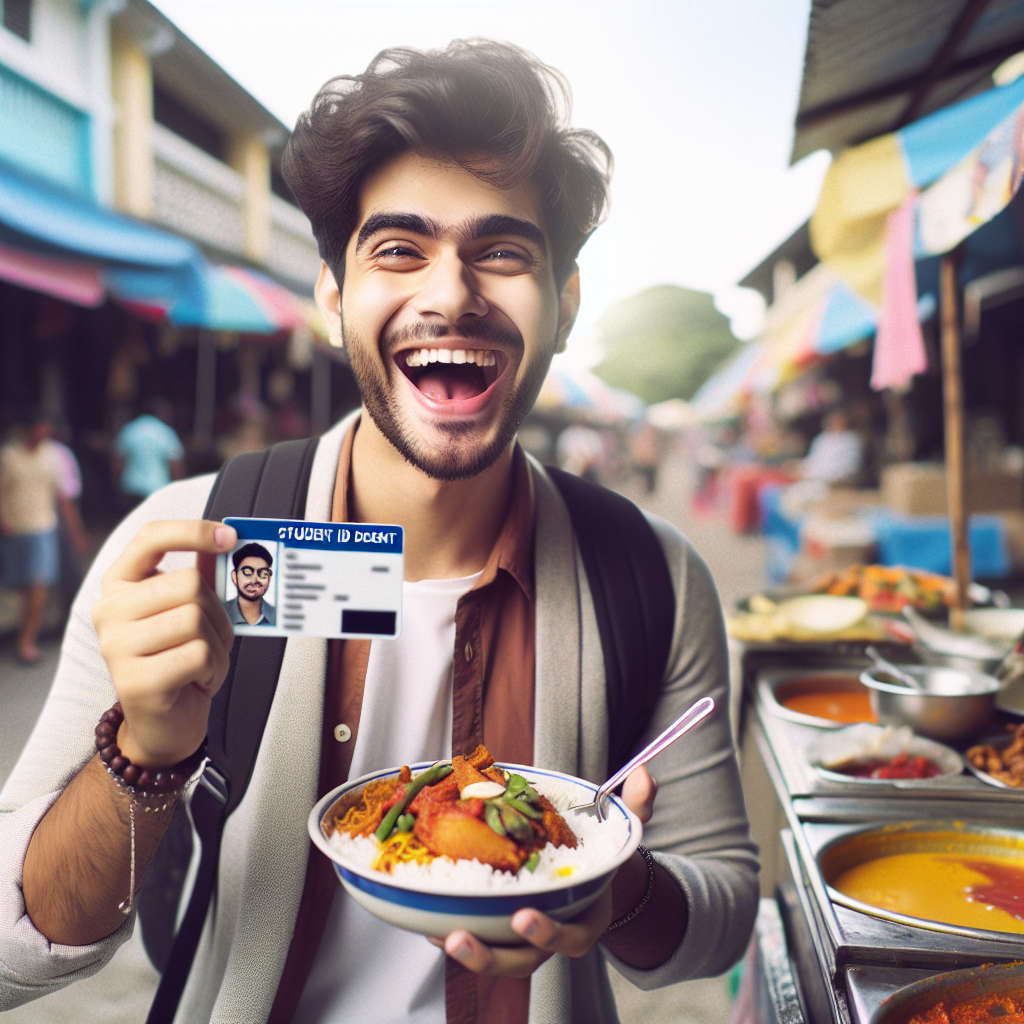 Ultimate Budget Travel Tips for Students A vibrant local market or street food scene with a student enjoying affordable, authentic meals, holding a student ID for discounts.